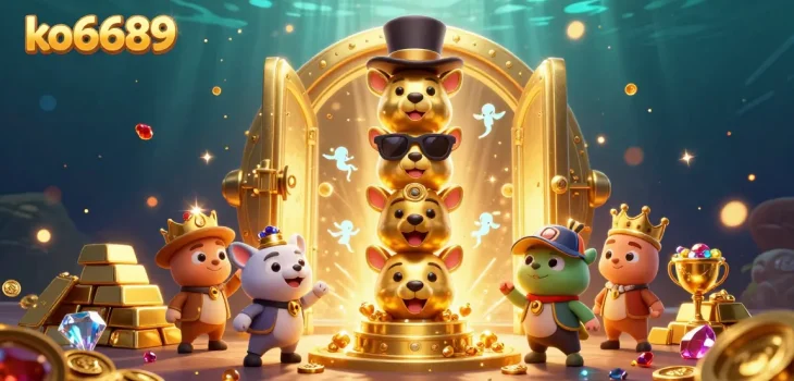Spin the reels with ko6689 in this vibrant casino scene featuring animated totem poles and treasure elements.