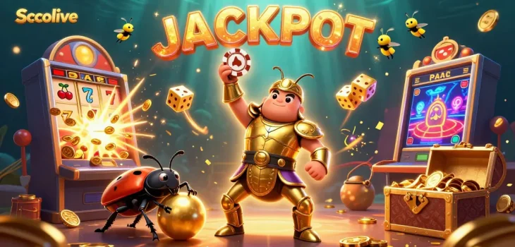 Socolive showcases an exciting jackpot scene with cartoon beetles celebrating a win amidst vibrant casino elements.