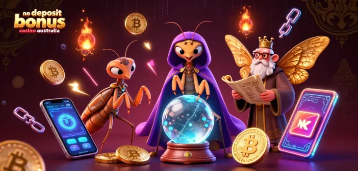 No deposit bonus casino australia illustrates dynamic scene with vibrant 3D characters and gambling elements.